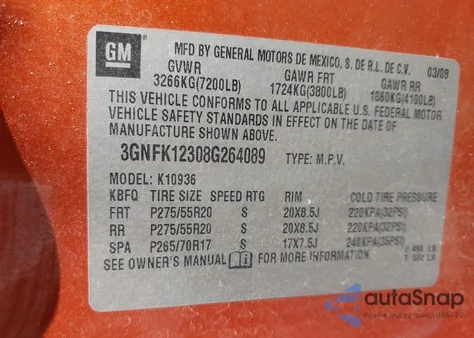 2008 Chevrolet Avalanche 1500 Lt from USA, damaged, VIN 3GNFK12308G264089